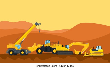 a heavy construction tools machine equipment on the site area vector graphic illustration
