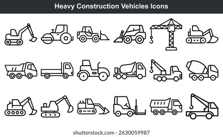 Heavy construction vehicles icons set line art