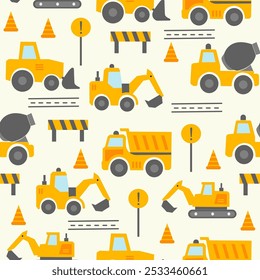 Heavy Construction Vehicles Seamless Pattern. A seamless pattern featuring heavy construction vehicles such as bulldozers, excavators, dump trucks, and cranes. 