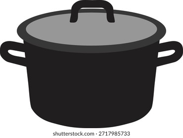 Pote de cozinha pesado com alças laterais e tampa equipada mostrada da frente.