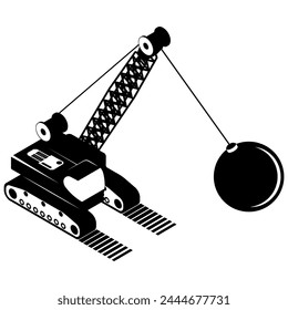 Grua pesada con bola de hierro para demoler edificios antiguos en obra. Desmantelamiento de estructuras antiguas utilizando equipos especiales. Vector blanco y negro simple aislado sobre fondo blanco