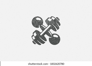 Heavy crossed dumbbells silhouette as symbol of weightlifting training in gym hand drawn stamp vector illustration. Grunge texture on old paper for poster or label decoration