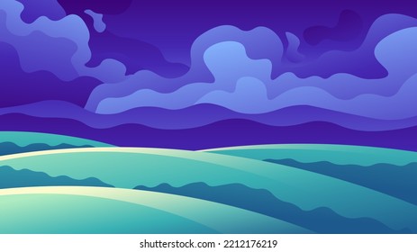 Heavy dark cumulus clouds over green sown fields. Horizontal natural landscape illustration.