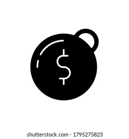 Heavy debt black glyph icon. Economic depression. Financial recession. Tax to pay. Business bankruptcy. Owe money. Burden of credit. Silhouette symbol on white space. Vector isolated illustration