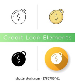 Heavy debt icon. Economic depression. Financial recession. Tax to pay. Prison ball with dollar sign. Owe money. Burden of credit. Linear black and RGB color styles. Isolated vector illustrations