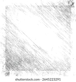 Moldura de arranhão diagonal pesada em branco. Sobreposição angustiada com efeito de ruído áspero manchado. Textura de borda desgastada vintage para impressão e Web. Design de vetor preto e branco isolado.
