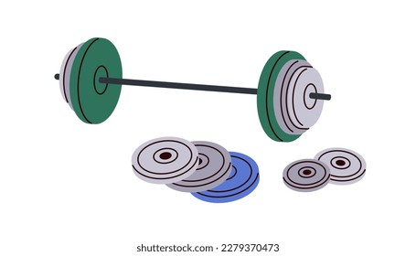 Heavy discs on barbell. Hard disks, plates on bar. Weights, gym equipment for strength workout, power training, weightlifting, muscle pumping. Flat vector illustration isolated on white background