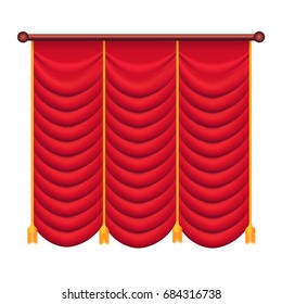 Heavy drape of red fabric with gold tie back rope and tassels vector isolated on white. Classic curtain in victorian style on cornice illustration for window dressing and interior design concepts