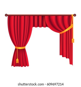 Heavy drapes of red fabric gathered with gold tie back ribbon and tassels isolated vector. Classic curtain in victorian style on cornice illustration for window dressing and interior design concepts