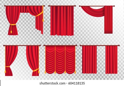 Heavy drapes of red fabric with gold tie back ribbons, tassels and lambrequin vectors set on transparet background. Crtains on cornice illustration for window dressing or interior design concept