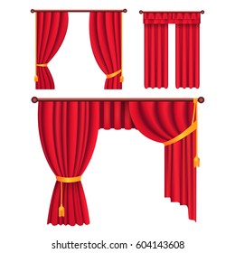 Heavy drapes of red fabric with gold tie back ribbon, tassels and lambrequin isolated vectors set.    Classic victorian curtains on cornice illustration for window dressing and interior design concept