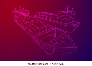 Heavy dry cargo ship of bulk carrier with freight containers. Wireframe low poly mesh vector illustration.