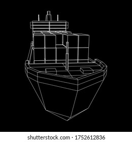 Heavy dry cargo ship of bulk carrier with freight containers. Wireframe low poly mesh vector illustration.