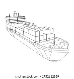 Heavy dry cargo ship of bulk carrier with freight containers. Wireframe low poly mesh vector illustration.