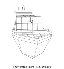 Heavy dry cargo ship of bulk carrier with freight containers. Wireframe low poly mesh vector illustration.