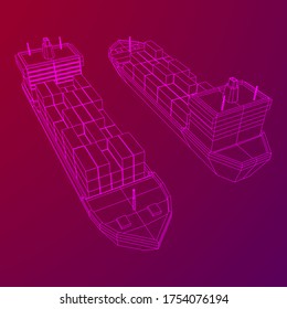Heavy dry cargo ship of bulk carrier with freight containers. Wireframe low poly mesh vector illustration.