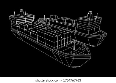 Heavy dry cargo ship of bulk carrier with freight containers. Wireframe low poly mesh vector illustration.