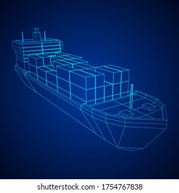 Heavy dry cargo ship of bulk carrier with freight containers. Wireframe low poly mesh vector illustration.