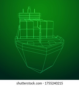 Heavy dry cargo ship of bulk carrier with freight containers. Wireframe low poly mesh vector illustration.