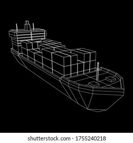 Buque de carga pesada y seco de granelero con contenedores de carga. Ilustración vectorial de malla baja de malla de malla de alambre.