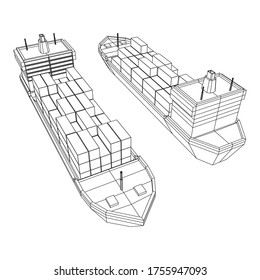 Heavy dry cargo ship of bulk carrier with freight containers. Wireframe low poly mesh vector illustration.