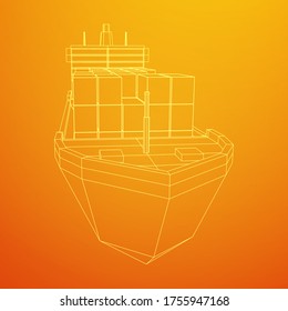 Heavy dry cargo ship of bulk carrier with freight containers. Wireframe low poly mesh vector illustration.