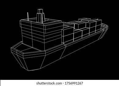 Heavy dry cargo ship of bulk carrier with freight containers. Wireframe low poly mesh vector illustration.