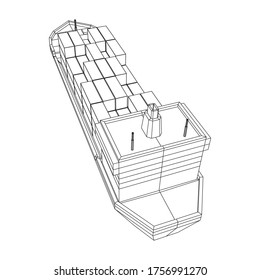 Heavy dry cargo ship of bulk carrier with freight containers. Wireframe low poly mesh vector illustration.