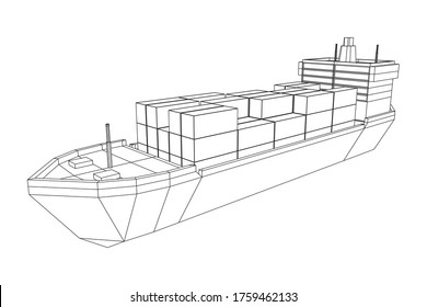 Heavy dry cargo ship of bulk carrier with freight containers. Wireframe low poly mesh vector illustration.