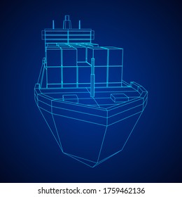 Heavy dry cargo ship of bulk carrier with freight containers. Wireframe low poly mesh vector illustration.
