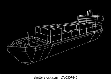 Heavy dry cargo ship of bulk carrier with freight containers. Wireframe low poly mesh vector illustration.