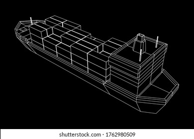Buque de carga pesada y seco de granelero con contenedores de carga. Ilustración vectorial de malla baja de malla de malla de alambre.