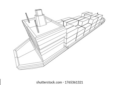 Heavy dry cargo ship of bulk carrier with freight containers. Wireframe low poly mesh vector illustration.
