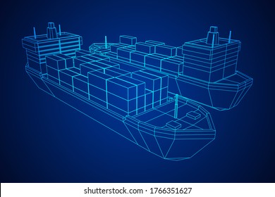 Heavy dry cargo ship of bulk carrier with freight containers. Wireframe low poly mesh vector illustration.