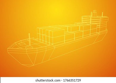 Heavy dry cargo ship of bulk carrier with freight containers. Wireframe low poly mesh vector illustration.
