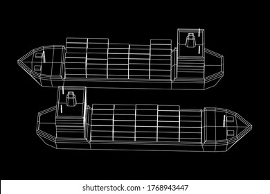 Heavy dry cargo ship of bulk carrier with freight containers. Wireframe low poly mesh vector illustration.
