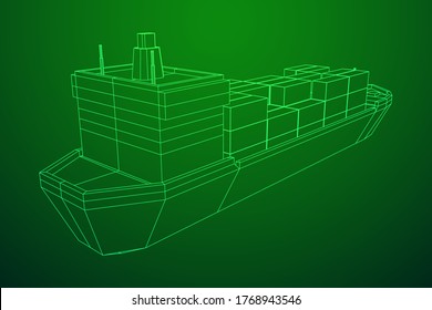 Heavy dry cargo ship of bulk carrier with freight containers. Wireframe low poly mesh vector illustration.