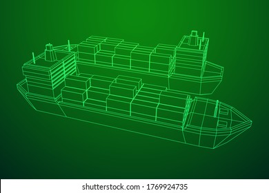 Heavy dry cargo ship of bulk carrier with freight containers. Wireframe low poly mesh vector illustration.