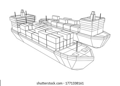 Buque de carga pesada y seco de granelero con contenedores de carga. Ilustración vectorial de malla baja de malla de malla de alambre.