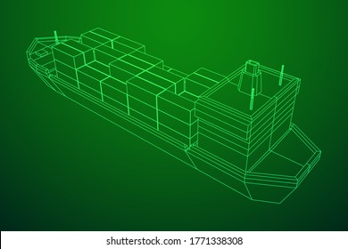 Buque de carga pesada y seco de granelero con contenedores de carga. Ilustración vectorial de malla baja de malla de malla de alambre.