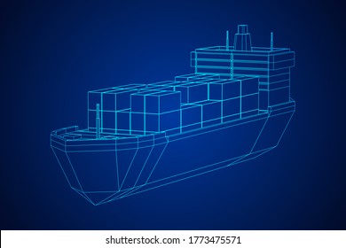 Heavy dry cargo ship of bulk carrier with freight containers. Wireframe low poly mesh vector illustration.