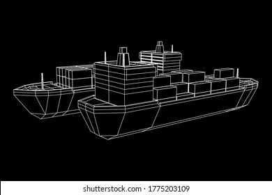 Heavy Dry Cargo Ship Of Bulk Carrier With Freight Containers. Wireframe Low Poly Mesh Vector Illustration.