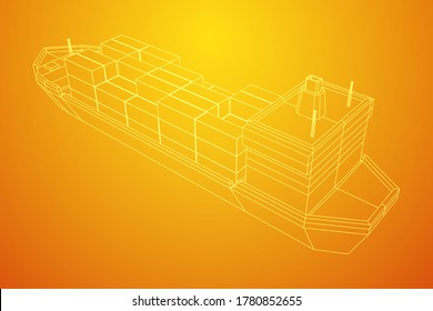 Schweres Trockenfrachtschiff von Massengutschiffen mit Frachtcontainern. Wireframe Low-Poly-Mesh, Vektorgrafik.