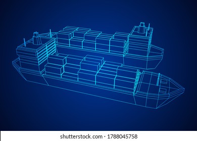 Heavy dry cargo ship of bulk carrier with freight containers. Wireframe low poly mesh vector illustration.