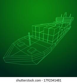 Heavy dry cargo ship of bulk carrier with freight containers. Wireframe low poly mesh vector illustration.