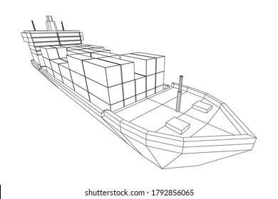 Buque de carga pesada y seco de granelero con contenedores de carga. Ilustración vectorial de malla baja de malla de malla de alambre.