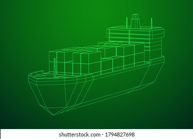 Heavy dry cargo ship of bulk carrier with freight containers. Wireframe low poly mesh vector illustration.