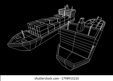 Buque de carga pesada y seco de granelero con contenedores de carga. Ilustración vectorial de malla baja de malla de malla de alambre.