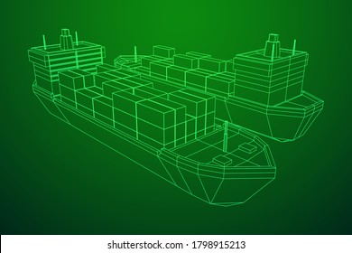 Buque de carga pesada y seco de granelero con contenedores de carga. Ilustración vectorial de malla baja de malla de malla de alambre.