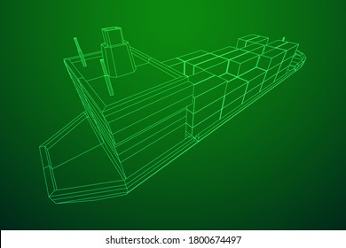 Buque de carga pesada y seco de granelero con contenedores de carga. Ilustración vectorial de malla baja de malla de malla de alambre.